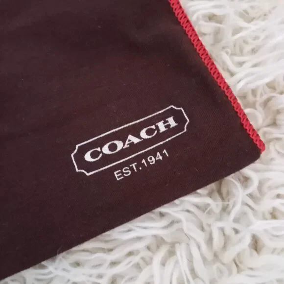 COACH Dust Bag Purse Shoes Soft Brushed Brown Red Trim Satin Drawstring Cord - Picture 3 of 3